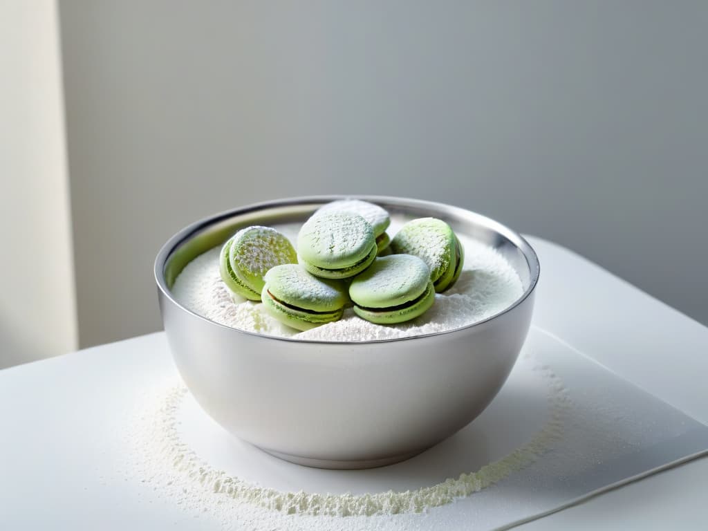  An ultradetailed closeup image of a sleek, stainless steel mixing bowl filled with precisely measured almond flour and powdered sugar, with a soft beam of natural light illuminating the fine powdery texture, showcasing the meticulous preparation process required for mastering French macarons. hyperrealistic, full body, detailed clothing, highly detailed, cinematic lighting, stunningly beautiful, intricate, sharp focus, f/1. 8, 85mm, (centered image composition), (professionally color graded), ((bright soft diffused light)), volumetric fog, trending on instagram, trending on tumblr, HDR 4K, 8K