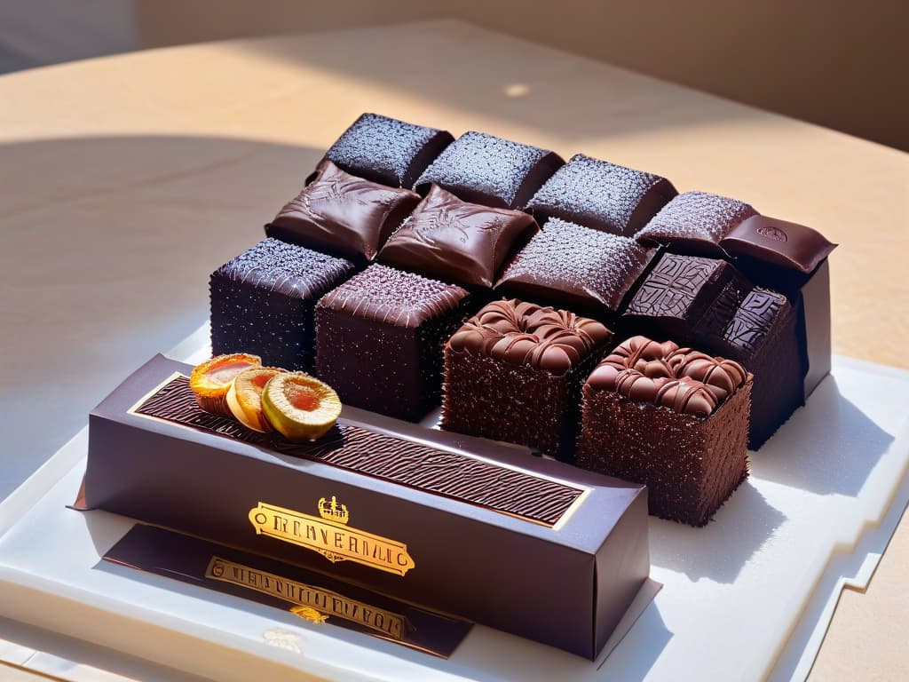  A mesmerizing closeup image of a luxurious array of Belgian chocolates displayed on a sleek, modern marble countertop. Each chocolate is delicately handcrafted with intricate designs, showcasing a variety of flavors and textures. The soft ambient lighting highlights the glossy sheen of the chocolates, creating an alluring and elegant composition that embodies the essence of Belgian chocolate craftsmanship. hyperrealistic, full body, detailed clothing, highly detailed, cinematic lighting, stunningly beautiful, intricate, sharp focus, f/1. 8, 85mm, (centered image composition), (professionally color graded), ((bright soft diffused light)), volumetric fog, trending on instagram, trending on tumblr, HDR 4K, 8K