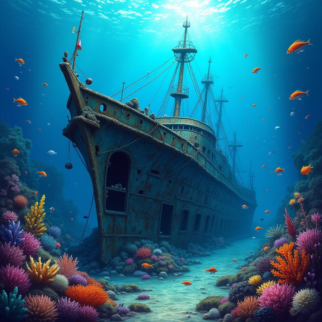  good quality, high quality, colorful shipwreck surrounded by vibrant marine life in an underwater wonderland