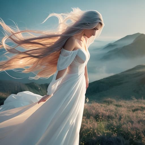  girl looking at the sky while smiling and she holding a flower and wear a white dress and her hair was blowing by the wind and her hair is very long hyperrealistic, full body, detailed clothing, highly detailed, cinematic lighting, stunningly beautiful, intricate, sharp focus, f/1. 8, 85mm, (centered image composition), (professionally color graded), ((bright soft diffused light)), volumetric fog, trending on instagram, trending on tumblr, HDR 4K, 8K