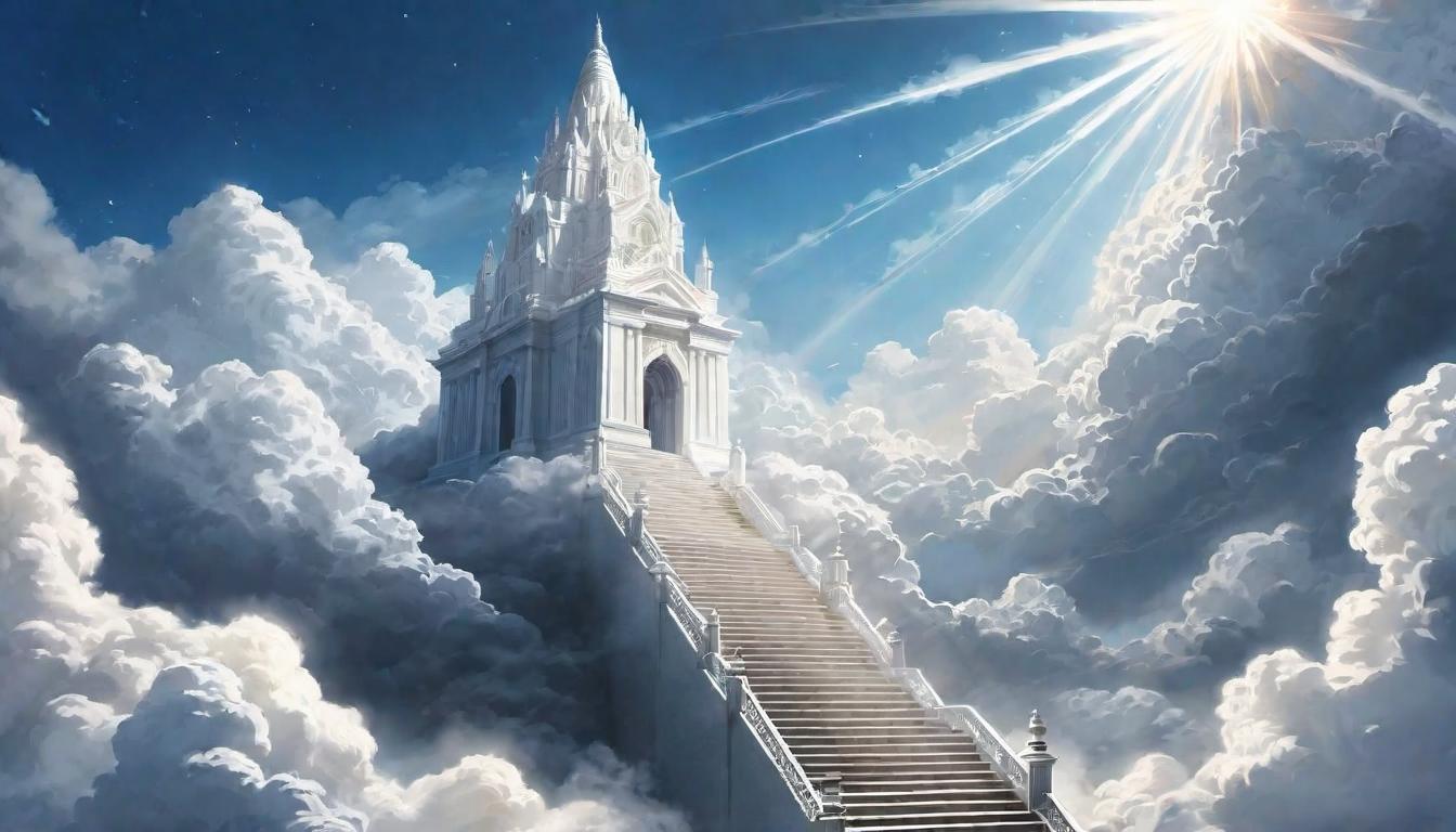  digital illustration, A figure robed in dazzling white ascending a staircase into the clouds, beams of light enveloping them, celestial, victorious, looking at viewer, dynamic pose, (intricate details, masterpiece, best quality)