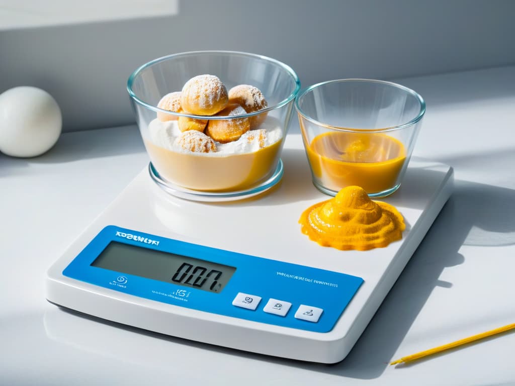  An ultradetailed closeup image of a sleek, modern digital kitchen scale displaying precise measurements of flour and sugar in separate clear glass bowls, with soft natural light casting a subtle shadow of the bowls onto a white marble countertop. hyperrealistic, full body, detailed clothing, highly detailed, cinematic lighting, stunningly beautiful, intricate, sharp focus, f/1. 8, 85mm, (centered image composition), (professionally color graded), ((bright soft diffused light)), volumetric fog, trending on instagram, trending on tumblr, HDR 4K, 8K