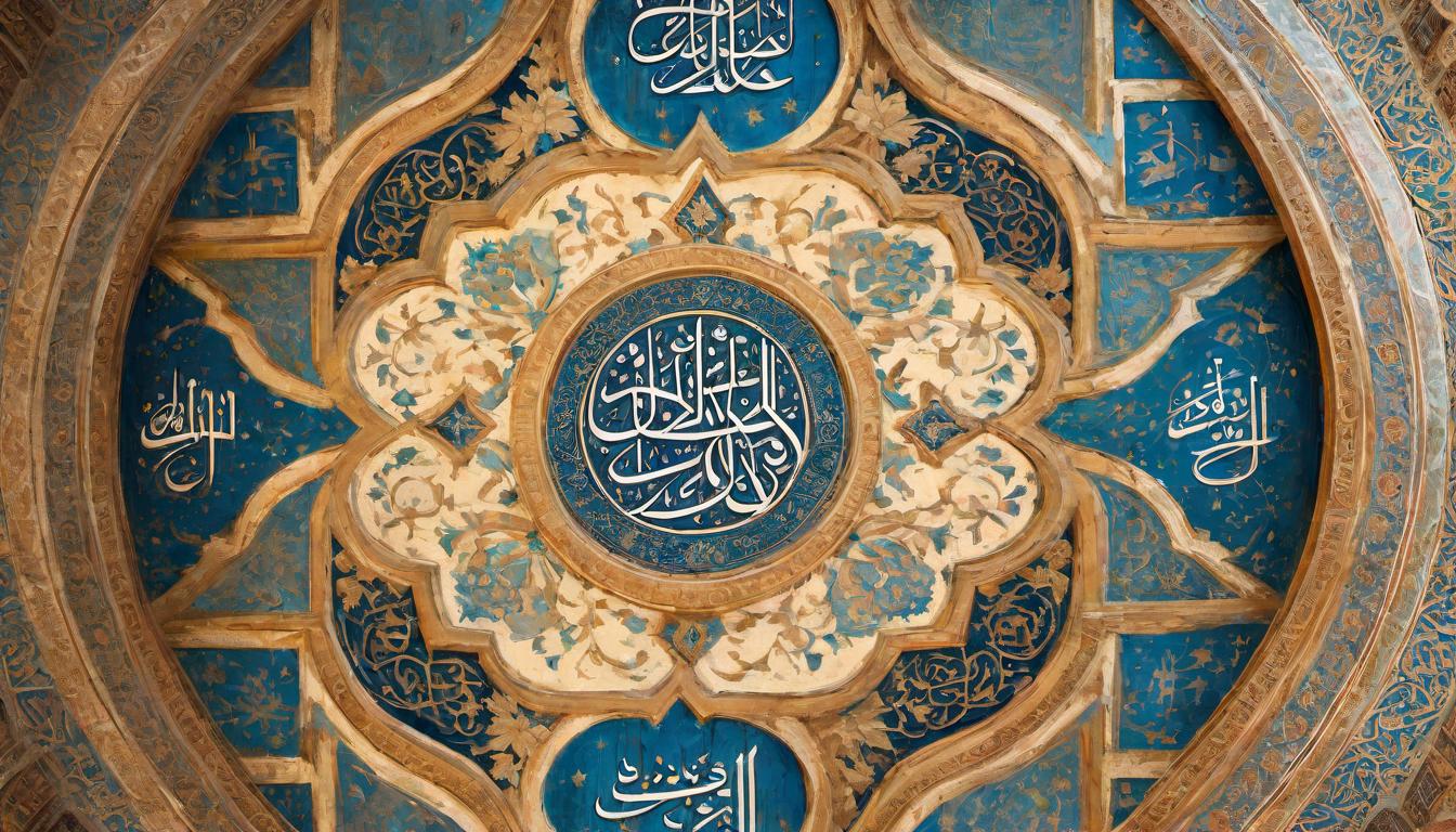  digital painting of Delicate frescoes on mosque walls, showing figures of the Prophet Muhammad (PBUH) and Muezza, intertwined with Arabic calligraphy, spiritual homage, sacred echoes, cultural reverence looking at viewer, dynamic pose, (intricate details, masterpiece, best quality)