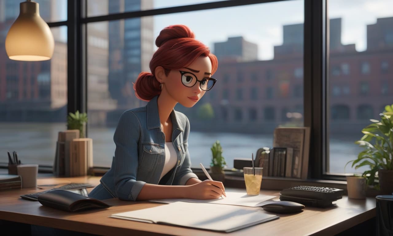  professional 3d model Draw in Pixar style, a coworking space with a window. Through the window, the city and a river are visible. . octane render, highly detailed, volumetric, dramatic lighting hyperrealistic, full body, detailed clothing, highly detailed, cinematic lighting, stunningly beautiful, intricate, sharp focus, f/1. 8, 85mm, (centered image composition), (professionally color graded), ((bright soft diffused light)), volumetric fog, trending on instagram, trending on tumblr, HDR 4K, 8K