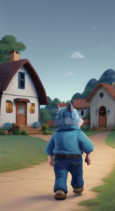  {Max walking back towards the cozy little house with droopy eyes, as twilight falls, The big blue dog is large with sky blue fur, big round eyes, a black nose, and floppy ears.