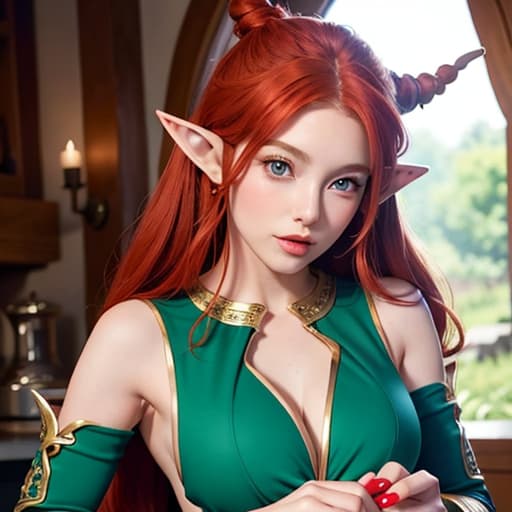  beautiful elf woman,, red hair, big