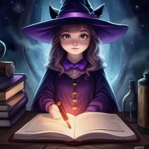  watercolor, storybook, child-book, witch, A girl in a purple hat using a magic wand to draw stars in the night sky, characters include: girl in purple hat with magic wand, starry night sky, best quality, very detailed, high resolution, sharp, sharp image hyperrealistic, full body, detailed clothing, highly detailed, cinematic lighting, stunningly beautiful, intricate, sharp focus, f/1. 8, 85mm, (centered image composition), (professionally color graded), ((bright soft diffused light)), volumetric fog, trending on instagram, trending on tumblr, HDR 4K, 8K