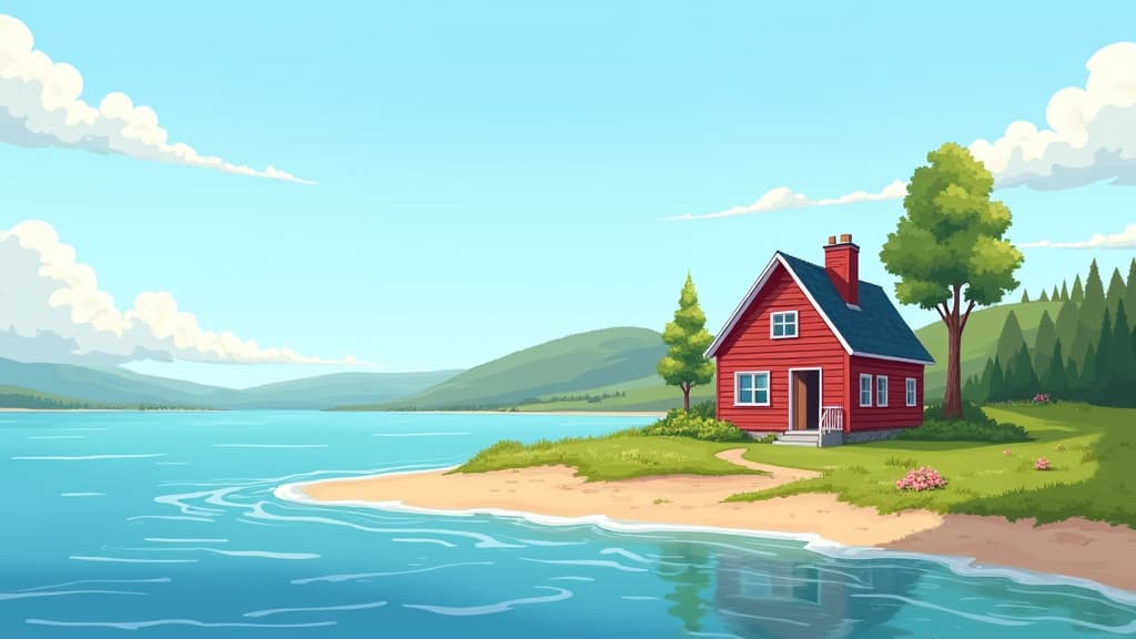  good quality, high quality, illustration of a scandinavian landscape with old house on shore of beautiful clean waters and beautiful nature with blue sky