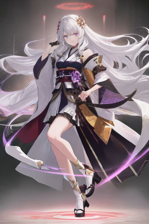  White hair, purple eyes, kimono, snow, sword, big, girls, long hair, fleeting, beautiful, smiles hyperrealistic, full body, detailed clothing, highly detailed, cinematic lighting, stunningly beautiful, intricate, sharp focus, f/1. 8, 85mm, (centered image composition), (professionally color graded), ((bright soft diffused light)), volumetric fog, trending on instagram, trending on tumblr, HDR 4K, 8K