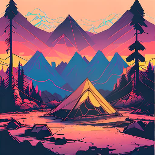 nvinkpunk Whimsical mountains with trees, camping tent and fire