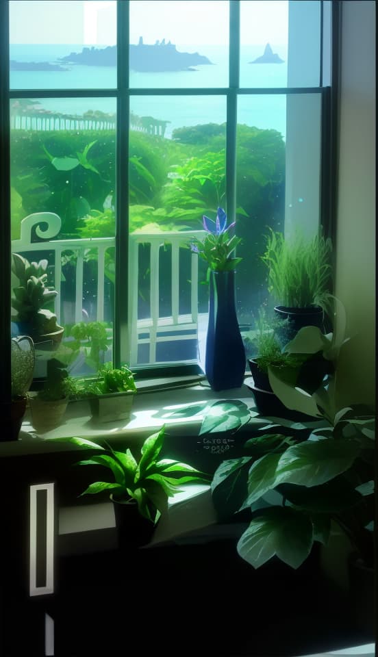  A window with plants and sea views on the outside of the window, and words on the windows