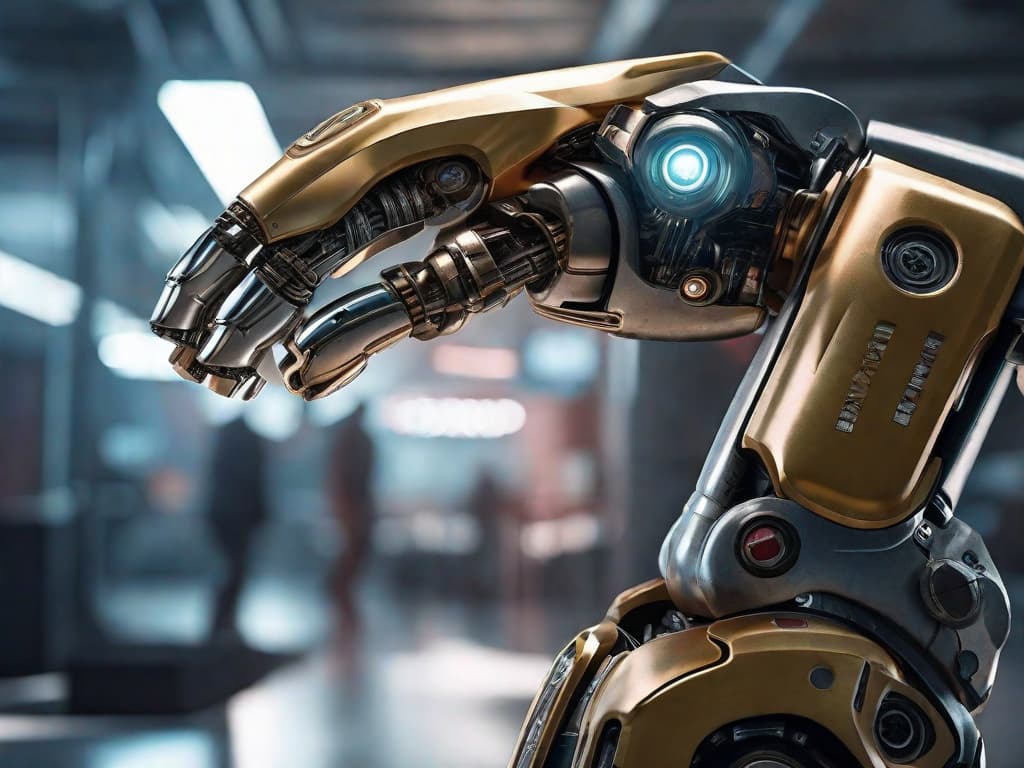  A futuristic robot arm working alongside a human hand, symbolizing the collaboration between technology and labor in the entertainment industry negotiations. digital art, ilustration, no flares, clean hyperrealistic, full body, detailed clothing, highly detailed, cinematic lighting, stunningly beautiful, intricate, sharp focus, f/1. 8, 85mm, (centered image composition), (professionally color graded), ((bright soft diffused light)), volumetric fog, trending on instagram, trending on tumblr, HDR 4K, 8K