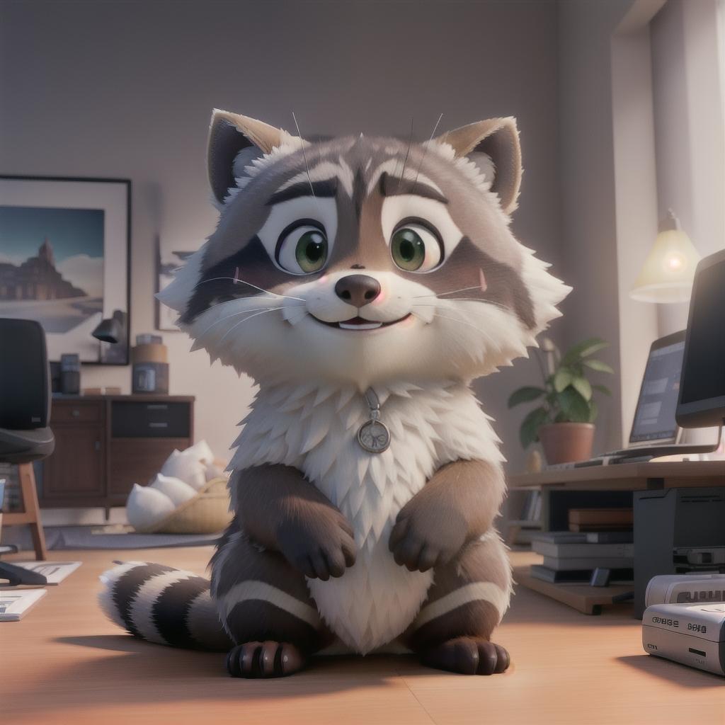  raccoon sitting in gaming chair front a computer on desktop, ((semi anthropomorphic)),(full body), tail, belly, sitting, fat, (chubby), (((white background))), solo, desktop, gaming chair, side view,  [[[clothes]]] hyperrealistic, full body, detailed clothing, highly detailed, cinematic lighting, stunningly beautiful, intricate, sharp focus, f/1. 8, 85mm, (centered image composition), (professionally color graded), ((bright soft diffused light)), volumetric fog, trending on instagram, trending on tumblr, HDR 4K, 8K