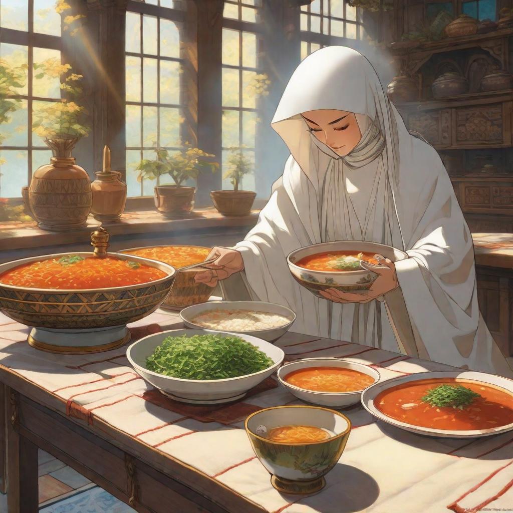  A little boy wearing a white abaya in front of a table drops a bowl of soup., anime concept art by Hayao Miyazaki, featured on pixiv, fantasy art, concept art, official art, high detailed hyperrealistic, full body, detailed clothing, highly detailed, cinematic lighting, stunningly beautiful, intricate, sharp focus, f/1. 8, 85mm, (centered image composition), (professionally color graded), ((bright soft diffused light)), volumetric fog, trending on instagram, trending on tumblr, HDR 4K, 8K