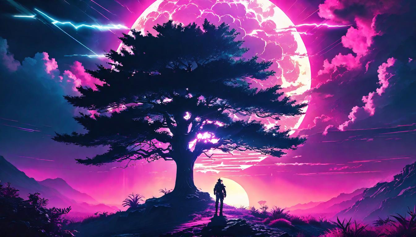  vaporwave,cyberpunk game style Sun breaking through dark clouds, illuminating a single tree in a barren landscape, sharp contrast of light and dark, the tree a beacon in the gloom, stark revelation, uncovering truths, the stark light of day, isolation in awareness, illumination amidst obscurityeon, dystopian, futuristic, digital, vibrant, detailed, high contrast, reminiscent of cyberpunk genre video games,retro aesthetic, cyberpunk, vibrant, neon colors, vintage 80s and 90s style, highly detailed