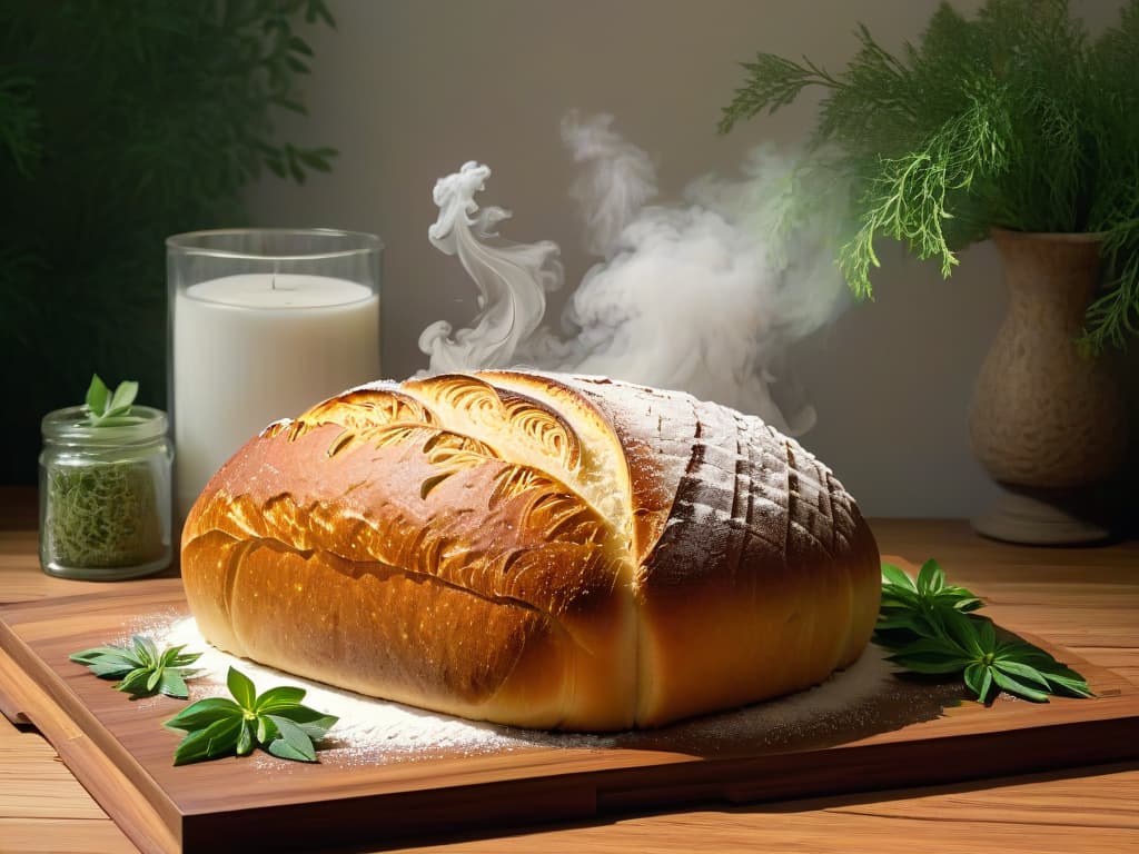  An ultradetailed, minimalistic illustration of a rustic wooden table set against a backdrop of a serene forest, featuring a loaf of intricately designed Elvish bread adorned with delicate swirls and leaf patterns, surrounded by scattered flour dust and a few fresh herbs. The lighting is soft and warm, casting gentle shadows that enhance the textures of the bread and the table's grain. hyperrealistic, full body, detailed clothing, highly detailed, cinematic lighting, stunningly beautiful, intricate, sharp focus, f/1. 8, 85mm, (centered image composition), (professionally color graded), ((bright soft diffused light)), volumetric fog, trending on instagram, trending on tumblr, HDR 4K, 8K