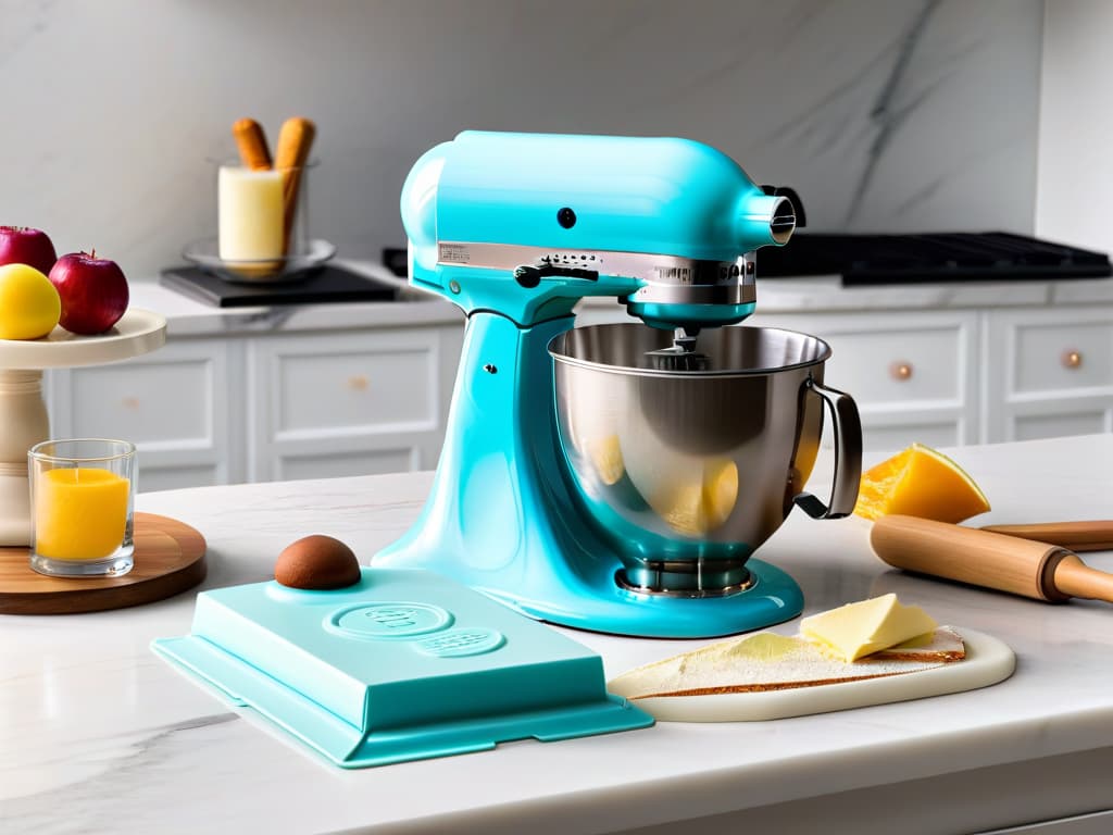  An ultradetailed image of a sleek, modern kitchen countertop adorned with topoftheline highend pastry equipment such as a stateoftheart stand mixer, a precision kitchen scale, a luxurious marble rolling pin, and an assortment of premium bakeware including nonstick molds and elegant piping bags. The image showcases a harmonious blend of metallic and pastel colors, exuding an aura of sophistication and innovation in the realm of highend pastry equipment. hyperrealistic, full body, detailed clothing, highly detailed, cinematic lighting, stunningly beautiful, intricate, sharp focus, f/1. 8, 85mm, (centered image composition), (professionally color graded), ((bright soft diffused light)), volumetric fog, trending on instagram, trending on tumblr, HDR 4K, 8K