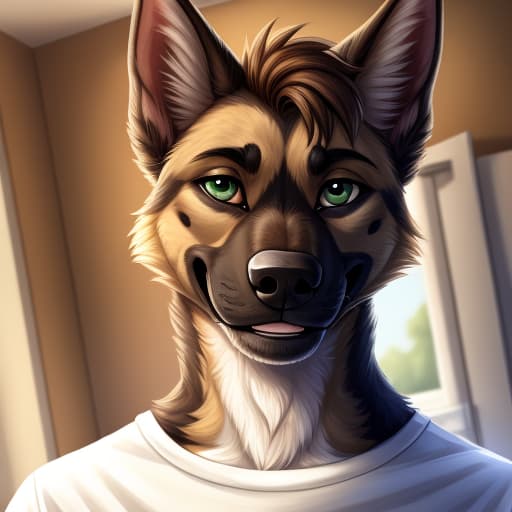  best quality, masterpiece, details, HDR, 4K, A male dog, male, (german sheperd), brown hair, green eyes, detailed pupils, eyelashes, seductive eyes, perfect eyes, open eyes), anatomically correct, big male, athletic male, smile, tail, white t-shirt, front view, hide hands, A profile face of, smiling at viewer, clenched teeth, (dutch angle:1.2),, open eyes, digital art, masterpiece, 4k, fine details,