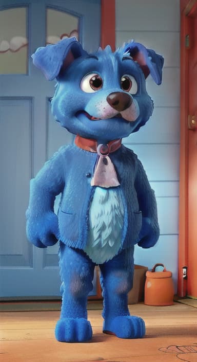  {Max the big blue dog standing in front of a cozy little house with a red door, The big blue dog is large with sky blue fur, big round eyes, a black nose, and floppy ears.