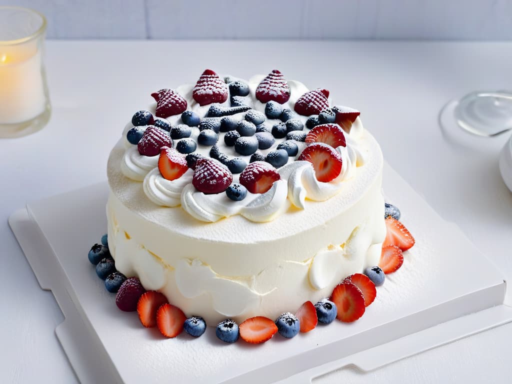  An ultradetailed, minimalistic illustration of a Pavlova dessert delicately balanced on a plate, showcasing the meringue base with a crisp outer shell and a soft, marshmallowlike interior. Fresh berries and a light dusting of powdered sugar adorn the top, while a dollop of whipped cream elegantly completes the composition. The background is a subtle gradient transitioning from soft pastel hues to pure white, emphasizing the simplicity and elegance of this iconic dessert. hyperrealistic, full body, detailed clothing, highly detailed, cinematic lighting, stunningly beautiful, intricate, sharp focus, f/1. 8, 85mm, (centered image composition), (professionally color graded), ((bright soft diffused light)), volumetric fog, trending on instagram, trending on tumblr, HDR 4K, 8K