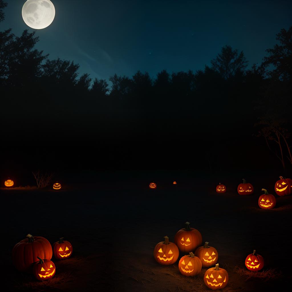  as an architecture, Conjure a surreal pumpkin patch, where mystical flames dance on jack-o'-lanterns under a haunting moonlit sky.