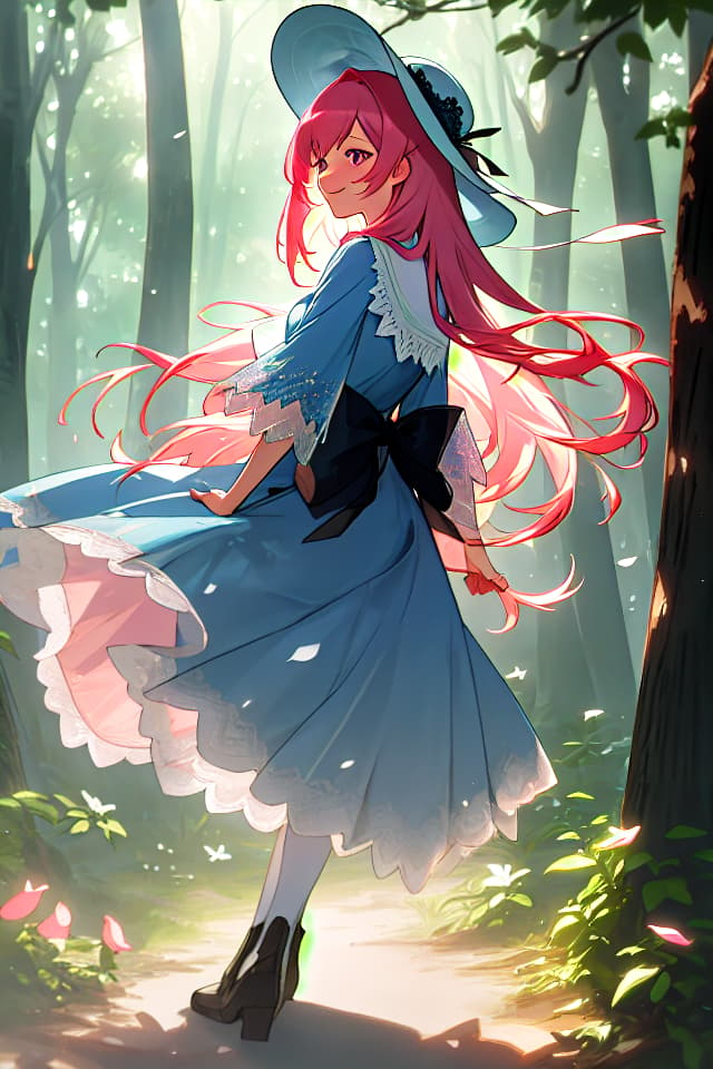  Masterpiece,super resolution,top quality,natural light,sunlight through trees,best shadow,a ,delicate dark pink hair color,glossy hair color,gradient hair color,long hair,pretty hat,white lace cardigan,blue dress👗,ロリータファッション,swinging looking back,smiling,pointing in the distance,bright forest park,azalea flowers,super high resolution,8K hyperrealistic, full body, detailed clothing, highly detailed, cinematic lighting, stunningly beautiful, intricate, sharp focus, f/1. 8, 85mm, (centered image composition), (professionally color graded), ((bright soft diffused light)), volumetric fog, trending on instagram, trending on tumblr, HDR 4K, 8K