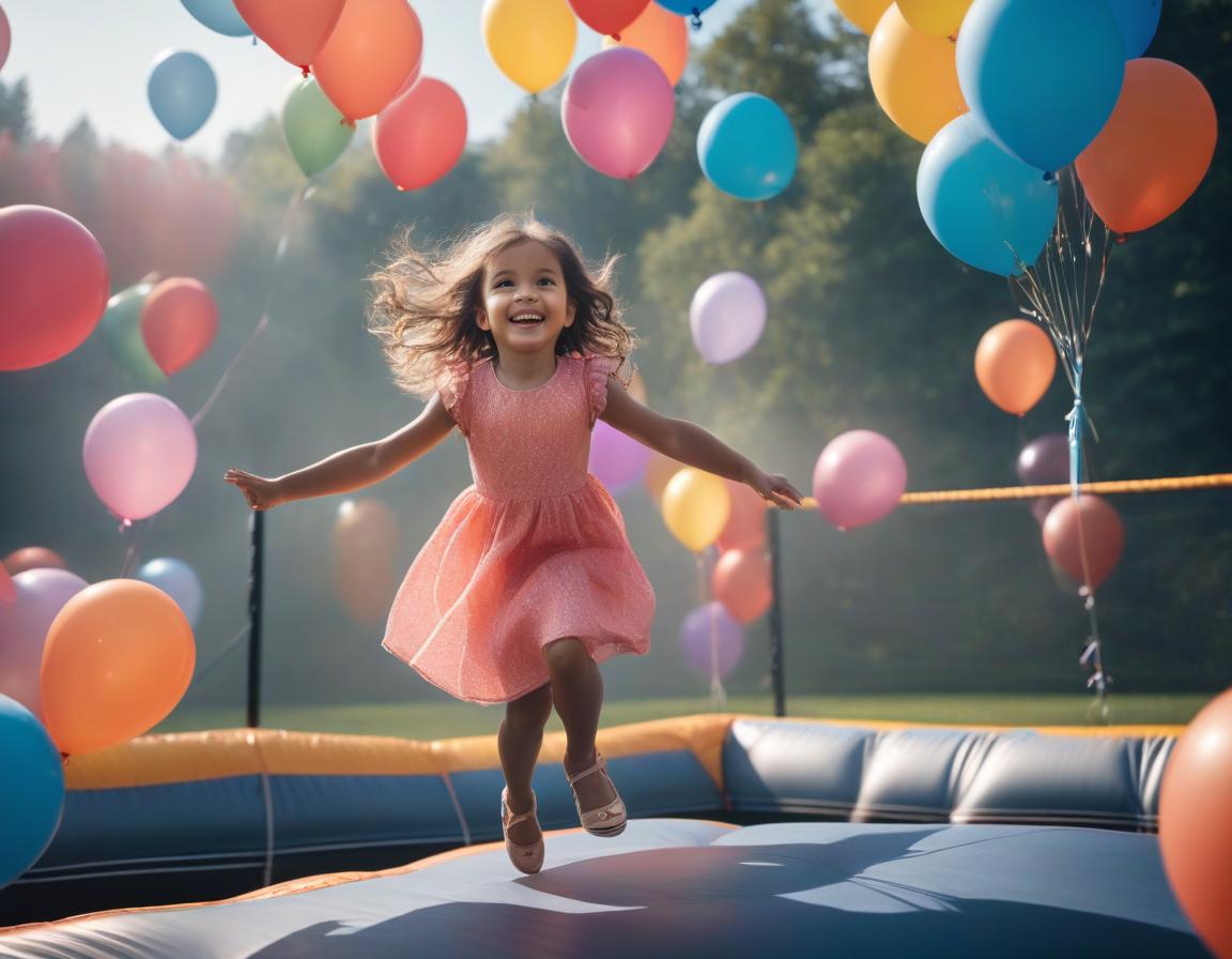  A little girl in a bright dress bounces on the trampoline, smiles, and flies towards the balloons. hyperrealistic, full body, detailed clothing, highly detailed, cinematic lighting, stunningly beautiful, intricate, sharp focus, f/1. 8, 85mm, (centered image composition), (professionally color graded), ((bright soft diffused light)), volumetric fog, trending on instagram, trending on tumblr, HDR 4K, 8K