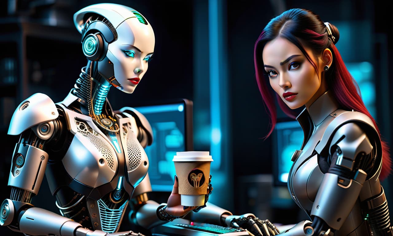  biomechanical cyberpunk a robot servant brought coffee to a girl working at a computer . cybernetics, human machine fusion, dystopian, organic meets artificial, dark, intricate, highly detailed hyperrealistic, full body, detailed clothing, highly detailed, cinematic lighting, stunningly beautiful, intricate, sharp focus, f/1. 8, 85mm, (centered image composition), (professionally color graded), ((bright soft diffused light)), volumetric fog, trending on instagram, trending on tumblr, HDR 4K, 8K