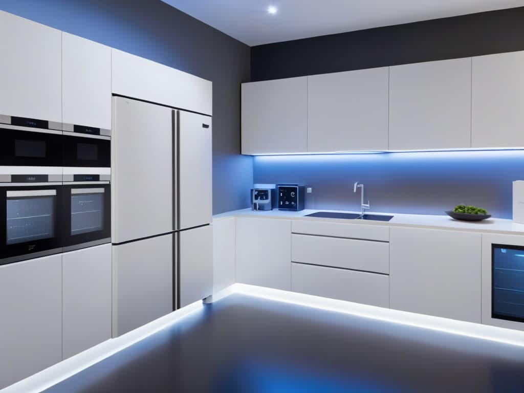  A stunning photorealistic image of a sleek and modern kitchen with organized cabinets and drawers showcasing various hightech kitchen management tools and appliances. The scene includes a smart refrigerator with a digital inventory display, a voicecontrolled cooking assistant on the countertop, and a tablet mounted on the wall displaying a cuttingedge recipe management app. The overall aesthetic is futuristic yet elegant, with a focus on efficiency and innovation in kitchen organization. hyperrealistic, full body, detailed clothing, highly detailed, cinematic lighting, stunningly beautiful, intricate, sharp focus, f/1. 8, 85mm, (centered image composition), (professionally color graded), ((bright soft diffused light)), volumetric fog, trending on instagram, trending on tumblr, HDR 4K, 8K