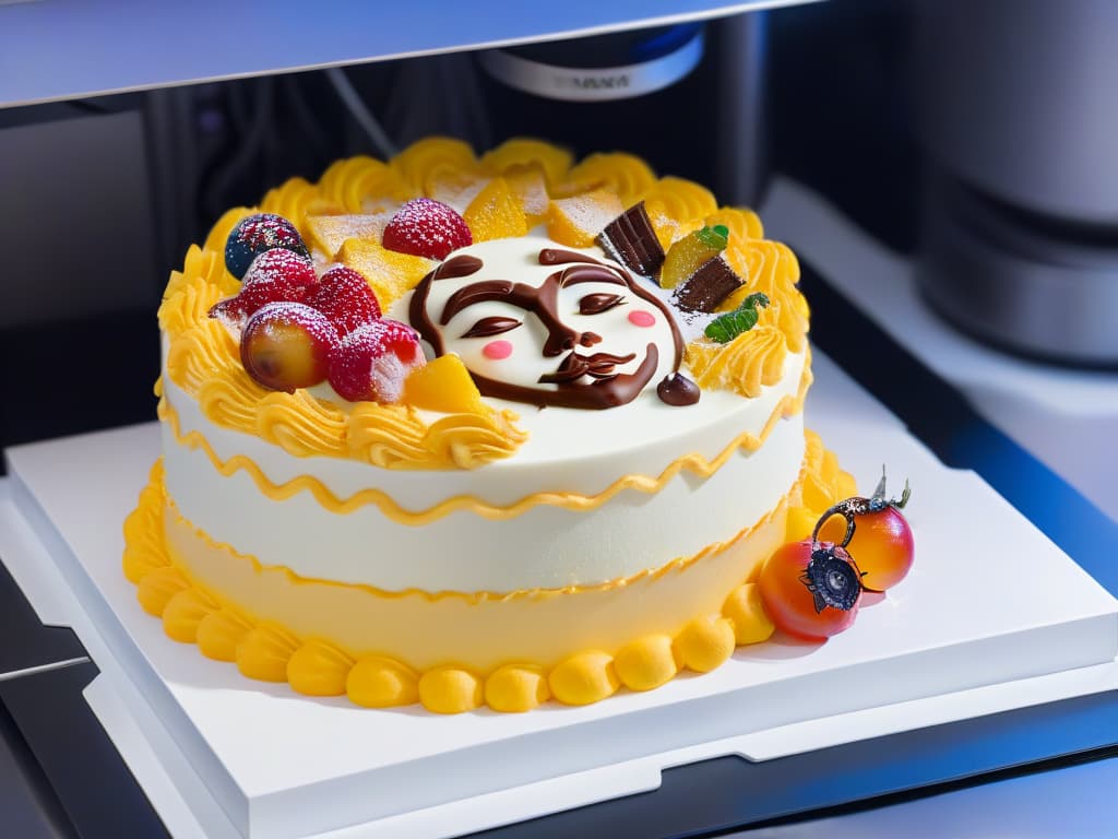  An ultradetailed image of a highend 3D printer meticulously crafting a decadent dessert in the shape of a famous celebrity's face. The dessert is a colorful, intricate work of art, with every detail from the celebrity's features to the delicate decorations on the dessert captured with stunning realism. The background is a sleek, modern kitchen setting, enhancing the professional and innovative vibe of the image. hyperrealistic, full body, detailed clothing, highly detailed, cinematic lighting, stunningly beautiful, intricate, sharp focus, f/1. 8, 85mm, (centered image composition), (professionally color graded), ((bright soft diffused light)), volumetric fog, trending on instagram, trending on tumblr, HDR 4K, 8K