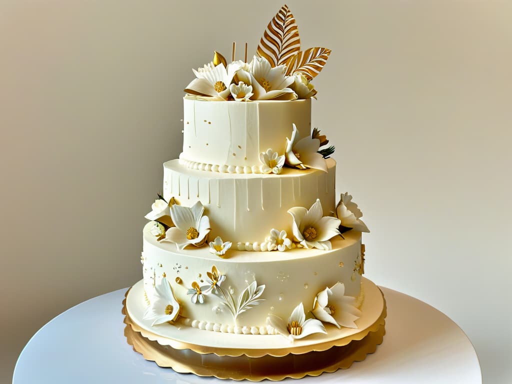  A closeup, highresolution image of a beautifully decorated threetiered cake, showcasing intricate piping details, delicate fondant flowers, and shimmering edible gold accents. The cake is elegantly displayed on a simple, modern white cake stand, with soft, diffused lighting highlighting its impeccable craftsmanship. hyperrealistic, full body, detailed clothing, highly detailed, cinematic lighting, stunningly beautiful, intricate, sharp focus, f/1. 8, 85mm, (centered image composition), (professionally color graded), ((bright soft diffused light)), volumetric fog, trending on instagram, trending on tumblr, HDR 4K, 8K