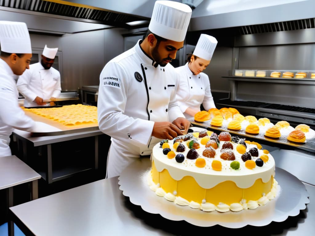  A photorealistic image of a diverse group of pastry chefs from around the world, each showcasing their unique creations in a modern, wellequipped kitchen. The chefs are wearing professional attire, focused and passionate about their craft, with various global pastry ingredients and tools neatly organized around them. The scene conveys a sense of inspiration, creativity, and cultural diversity in the world of pastry making. hyperrealistic, full body, detailed clothing, highly detailed, cinematic lighting, stunningly beautiful, intricate, sharp focus, f/1. 8, 85mm, (centered image composition), (professionally color graded), ((bright soft diffused light)), volumetric fog, trending on instagram, trending on tumblr, HDR 4K, 8K