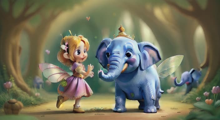  {The fairy saying hello to the elephant with a cheerful voice., The fairy has a sweet voice and a kind expression.