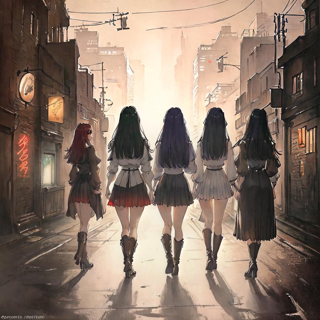  ((masterpiece)),(((best quality))), 8k, high detailed, ultra-detailed. Three girls seen from the back and three girls seen from the front, all wearing short skirts, outfits, and high boots, standing in a dimly lit alley, with graffiti-covered walls, vibrant neon lights, and puddles reflecting the city lights. hyperrealistic, full body, detailed clothing, highly detailed, cinematic lighting, stunningly beautiful, intricate, sharp focus, f/1. 8, 85mm, (centered image composition), (professionally color graded), ((bright soft diffused light)), volumetric fog, trending on instagram, trending on tumblr, HDR 4K, 8K