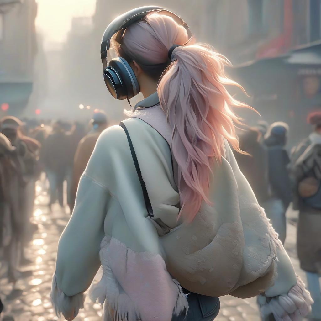  Girl Walk on streets, view from the back, headphones on the head, Detailed look. soft colors, HDR, 4K hyperrealistic, full body, detailed clothing, highly detailed, cinematic lighting, stunningly beautiful, intricate, sharp focus, f/1. 8, 85mm, (centered image composition), (professionally color graded), ((bright soft diffused light)), volumetric fog, trending on instagram, trending on tumblr, HDR 4K, 8K