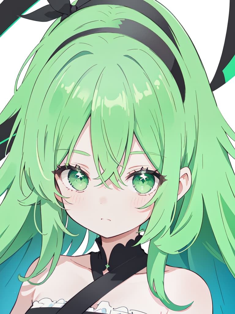  Green hair character with a black headband, bare forehead, masterpiece, best quality,8k,ultra detailed,high resolution,an extremely delicate and beautiful,hyper detail