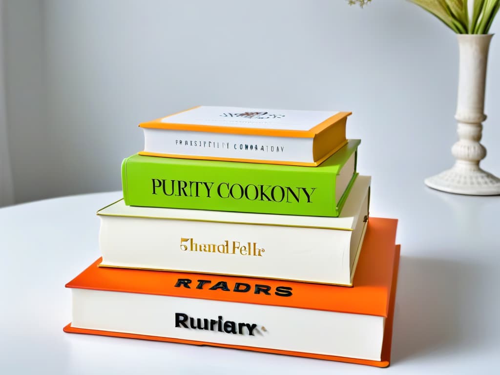  A minimalist image of a stack of beautifully designed pastry cookbooks, with elegant typography and vibrant colors, set against a clean white background. The books are neatly arranged, showcasing their spines and covers, creating a visually striking yet simple composition that exudes sophistication and culinary inspiration. hyperrealistic, full body, detailed clothing, highly detailed, cinematic lighting, stunningly beautiful, intricate, sharp focus, f/1. 8, 85mm, (centered image composition), (professionally color graded), ((bright soft diffused light)), volumetric fog, trending on instagram, trending on tumblr, HDR 4K, 8K