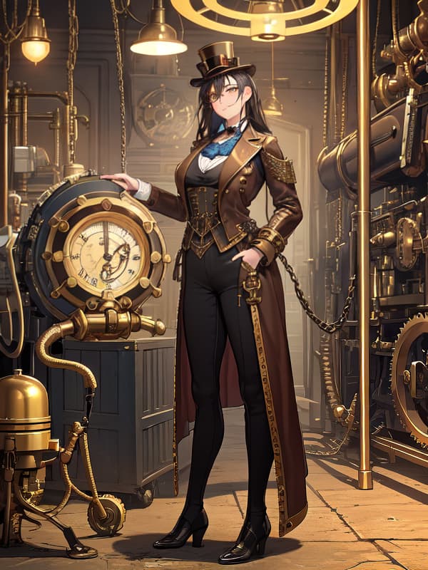  masterpiece, full body, young woman, bronze and brass machinery, huge cogs and gears, steam powered machine, bronze and brass pipes, steampunk, trenchcoat, top hat, steampunk goggles, victorian era, pocket watch on chain, gauges, pressure meter, dark vest, dark suit, steampunk pants with big pockets, messy and untidy hair, huge, wide, sassy expression, bratty smile, tough appearance