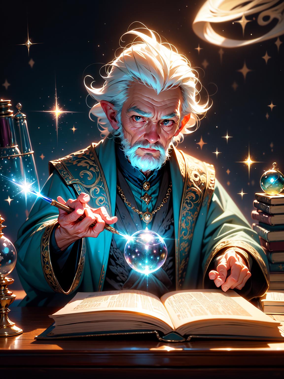  master piece, best quality, ultra detailed, highres, 4k.8k, Elderly wizard, Casting a spell, holding a magic wand, Serious, BREAK Aged wizard, Wizard's study, Books, potion bottles, crystal ball, owl, BREAK Mysterious and mystical, Soft glowing light, faint sparkles, magic particles