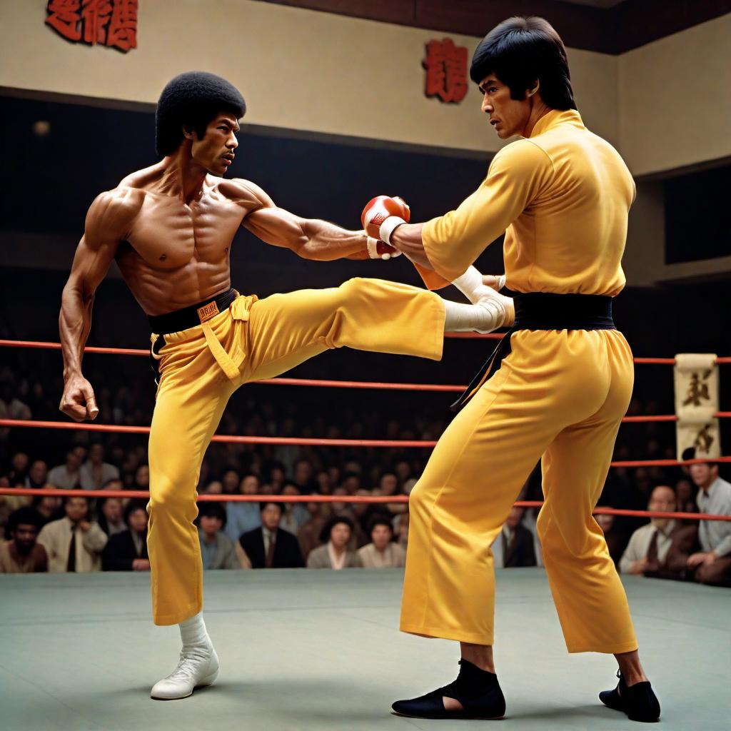  A powerful and artistic reimagination of the fight between Kareem Abdul-Jabbar and Bruce Lee, paying homage to their famous confrontation in 'Game of Death'. This reinterpretation showcases both legends with heightened drama and intensity. Kareem's long reach and formidable height are emphasized as he launches a skilled kick, while Bruce Lee's poise and focus capture his quick reflexes and martial arts expertise. The setting should be reminiscent of the movie's final level pagoda fight scene, with details that echo traditional martial arts dojos. The energy of the scene is kinetic, with fluid movement lines illustrating the motion of combat, and dramatic lighting should highlight the physicality and facial expressions of the two iconic figh hyperrealistic, full body, detailed clothing, highly detailed, cinematic lighting, stunningly beautiful, intricate, sharp focus, f/1. 8, 85mm, (centered image composition), (professionally color graded), ((bright soft diffused light)), volumetric fog, trending on instagram, trending on tumblr, HDR 4K, 8K