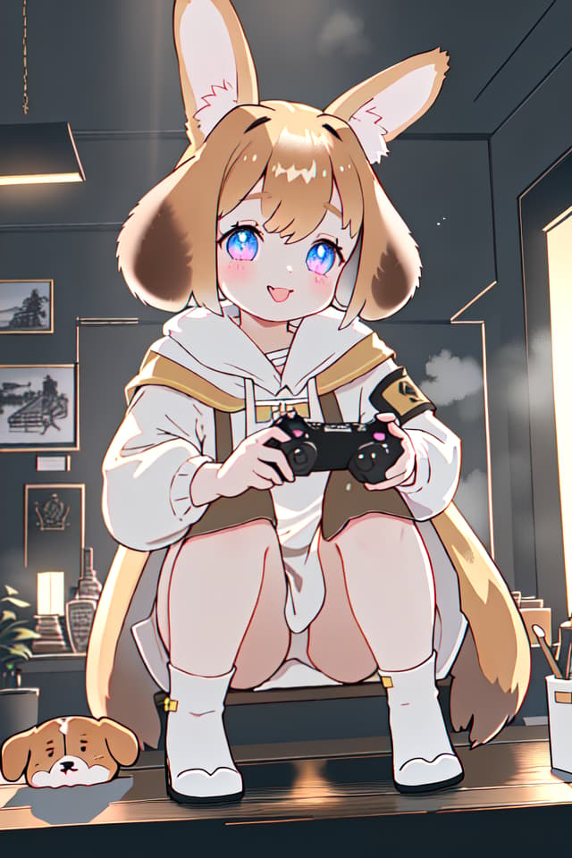  ((holding 🎮、girl play game、accurate hands))、(((droopin dog ears、lop beagle's ears)))、anthropomorphic furry beagle girl、tongue out smiling、dutch angle、neon lighting、in Internet cafe、best quality:1.4、masterpiece:1.4、ultra detailed texture、RAW photorealistic:1.4、absurd resolution、8K illustration、💩、 hyperrealistic, full body, detailed clothing, highly detailed, cinematic lighting, stunningly beautiful, intricate, sharp focus, f/1. 8, 85mm, (centered image composition), (professionally color graded), ((bright soft diffused light)), volumetric fog, trending on instagram, trending on tumblr, HDR 4K, 8K