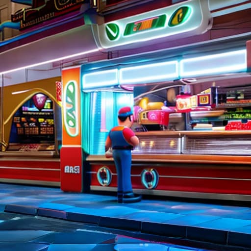 modern disney style Luigi and mario are buying hotdog together hyperrealistic, full body, detailed clothing, highly detailed, cinematic lighting, stunningly beautiful, intricate, sharp focus, f/1. 8, 85mm, (centered image composition), (professionally color graded), ((bright soft diffused light)), volumetric fog, trending on instagram, trending on tumblr, HDR 4K, 8K