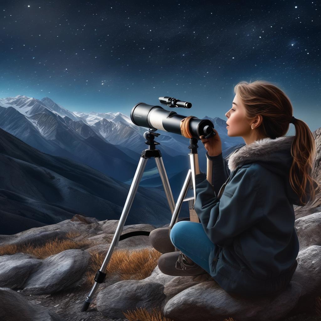  hyperrealistic art A girl in the mountains looks at the stars through a telescope . extremely high-resolution details, photographic, realism pushed to extreme, fine texture, incredibly lifelike