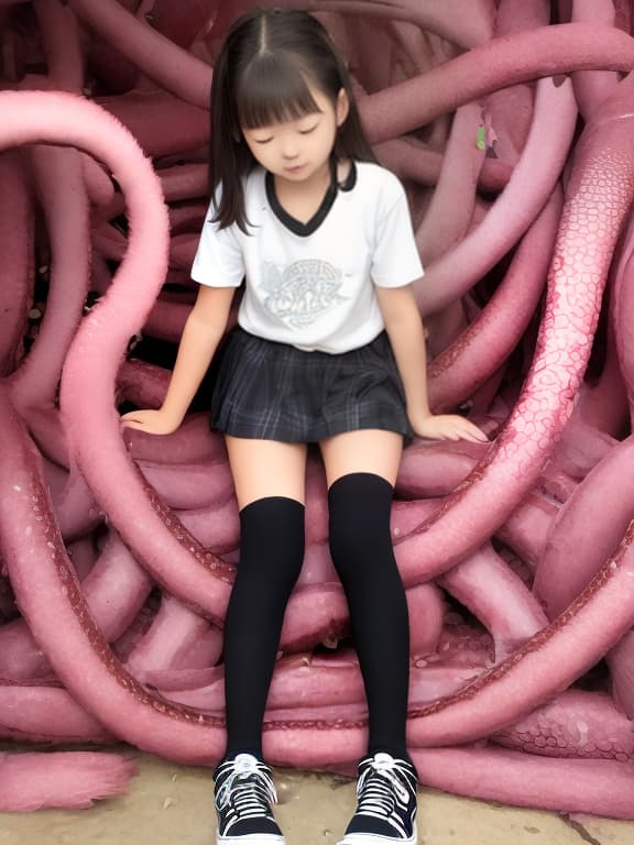  Middle schooler being stroked by tentacles, full body, high socks, eyes closed, girl games.