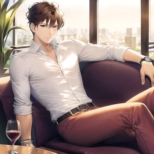  master piece , best quality,A calm young man in a shirt, a glass of wine, in a hotel lounge, wearing a watch, five fingers.