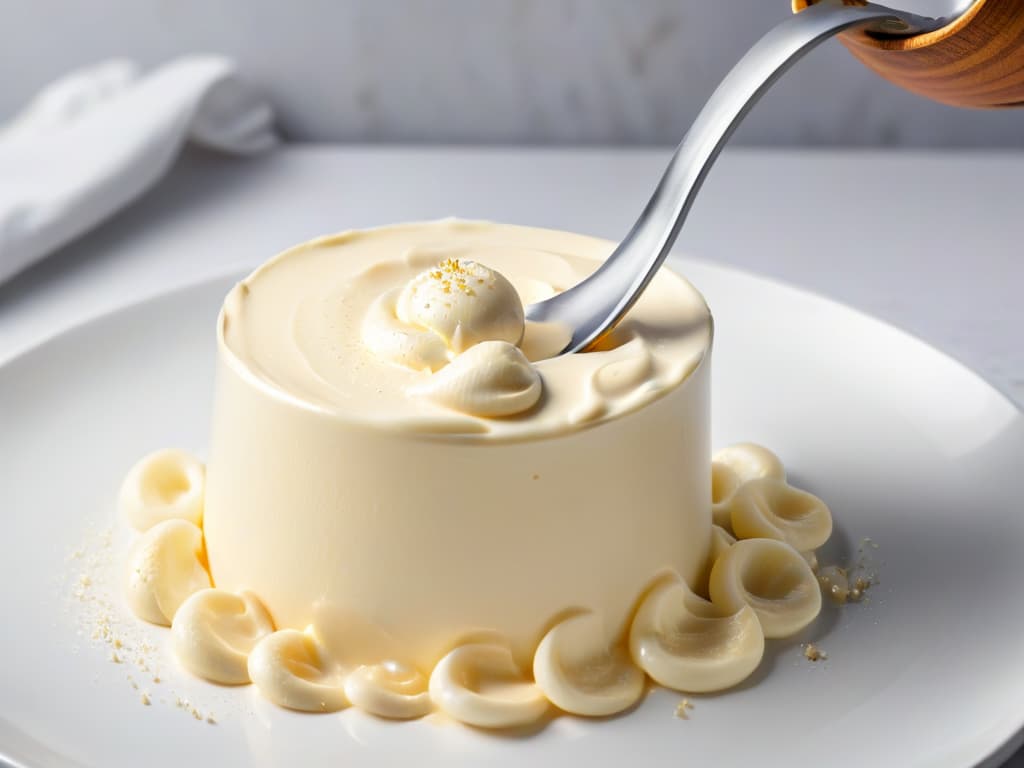  A strikingly detailed closeup image of a smooth, velvety cream sauce being drizzled slowly over a spoon, showcasing its perfect consistency and luxurious texture. The cream sauce is a rich ivory color, glistening under a soft light to highlight its silky smoothness. The contrast between the glossy sauce and the matte finish of the spoon creates an elegant and minimalistic composition that conveys sophistication and culinary expertise. hyperrealistic, full body, detailed clothing, highly detailed, cinematic lighting, stunningly beautiful, intricate, sharp focus, f/1. 8, 85mm, (centered image composition), (professionally color graded), ((bright soft diffused light)), volumetric fog, trending on instagram, trending on tumblr, HDR 4K, 8K