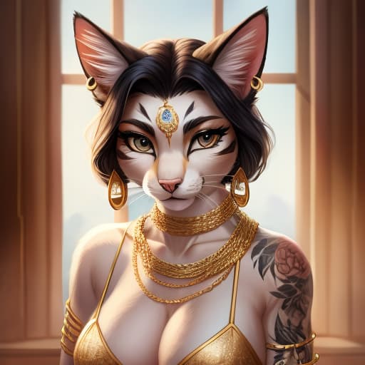  A with tattoos from head to toe, and cat's paws, with gold chains on her face and body, , ears and nose, piercings on her face and body to , open eyes, digital art, masterpiece, 4k, fine details,