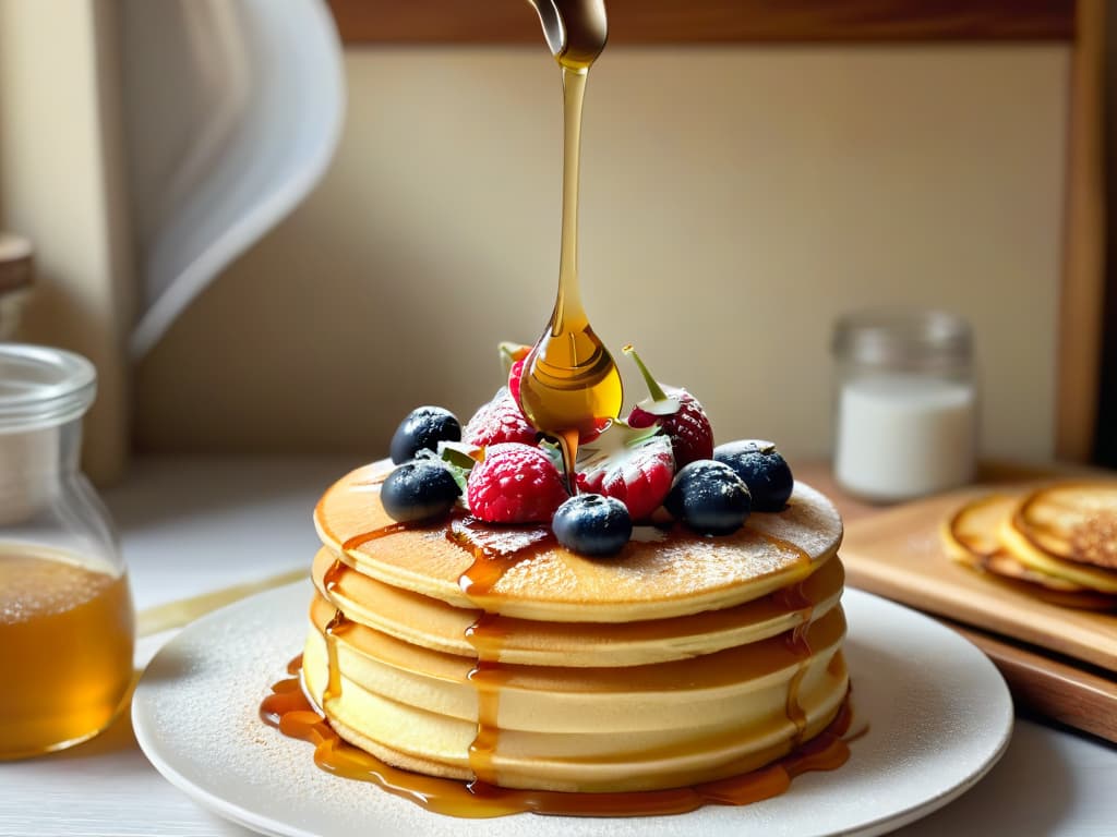  An intricately designed wooden honey dipper delicately drizzling golden honey onto a stack of fluffy pancakes, with a background of a rustic kitchen setting showcasing jars of honey and fresh ingredients like berries and herbs. hyperrealistic, full body, detailed clothing, highly detailed, cinematic lighting, stunningly beautiful, intricate, sharp focus, f/1. 8, 85mm, (centered image composition), (professionally color graded), ((bright soft diffused light)), volumetric fog, trending on instagram, trending on tumblr, HDR 4K, 8K