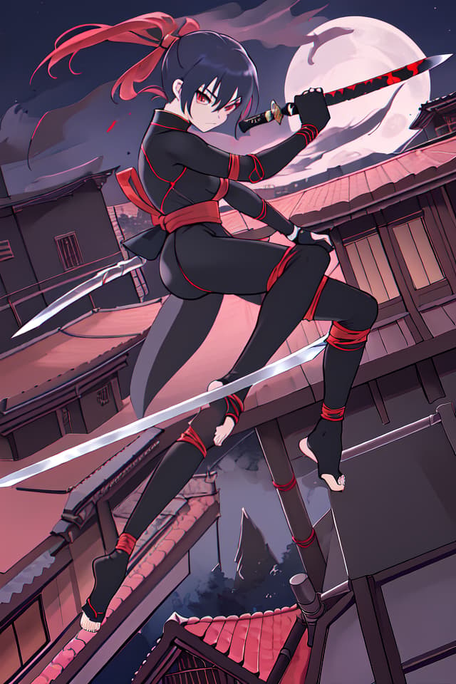  Ninja, acrobat, dynamism, high angle, acrobatic, ninjutsu, sword, tension, night, detail