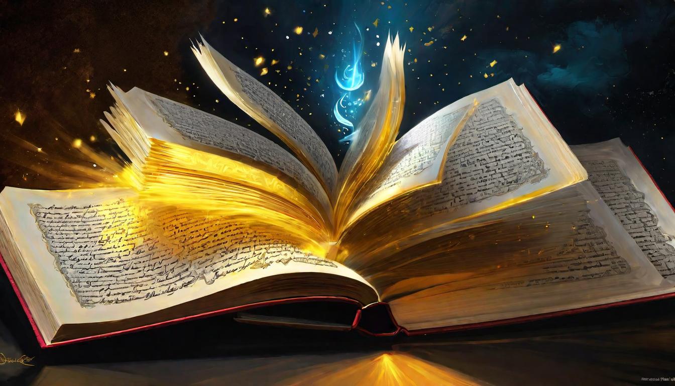  digital painting of An open book radiating light amidst darkness, Arabic calligraphy etched in golden ink, embedded wisdom, profound depth, peaceful resolution looking at viewer, dynamic pose, (intricate details, masterpiece, best quality)